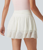 Jupe casual 2-en-1 à volants taille haute avec cordon de serrage et dentelle