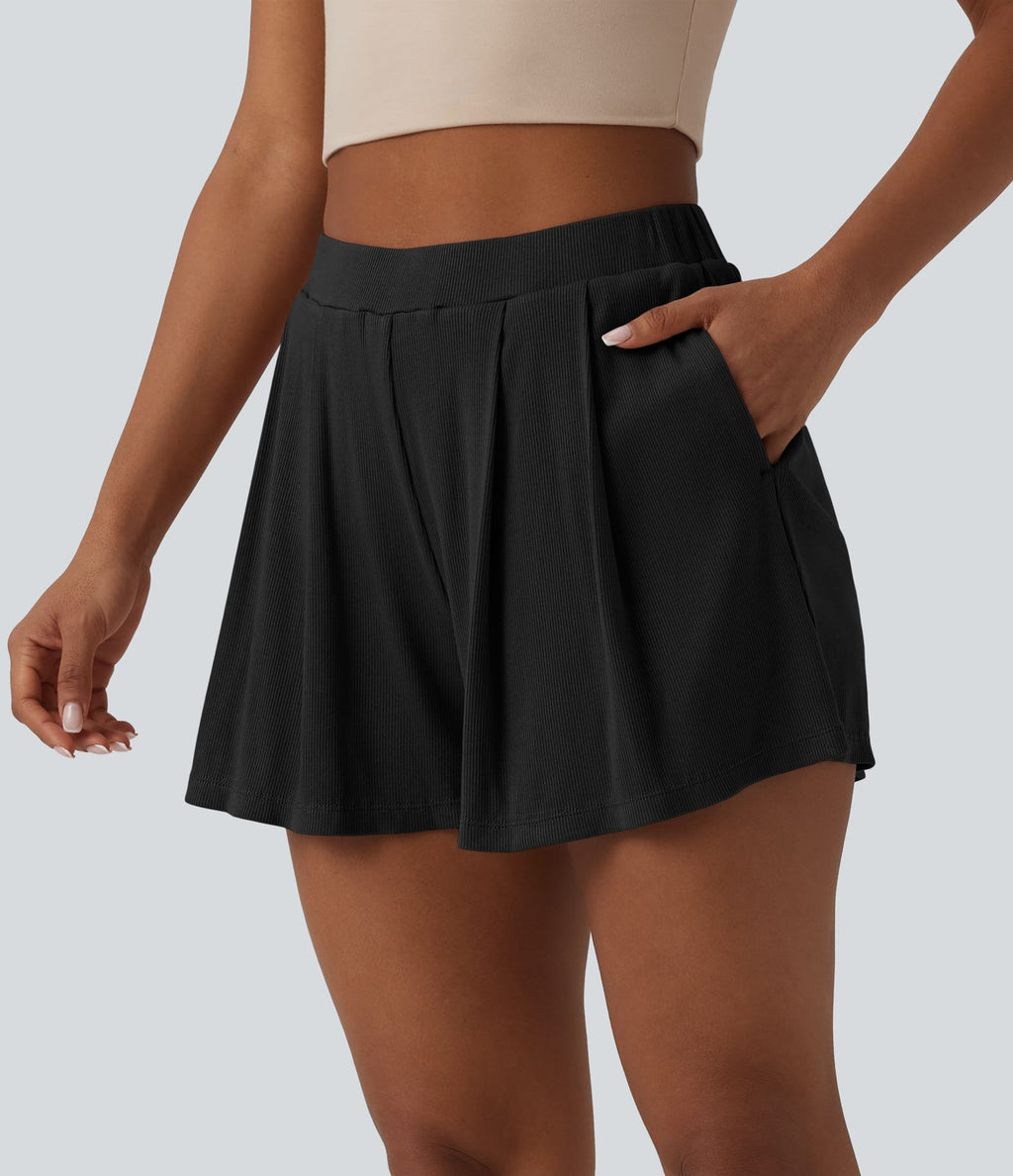 Short tailleur casual 2-en-1 côtelé maille taille haute avec poches