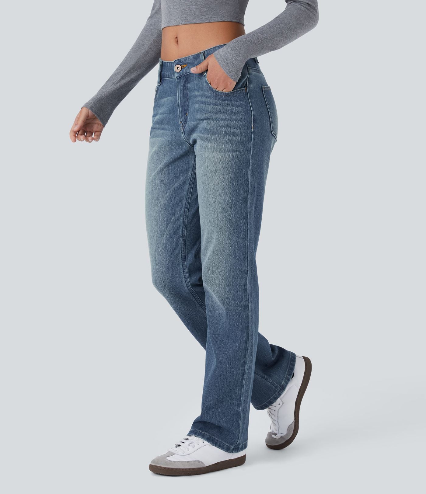 Jean bootcut délavé Halara Flex™ taille basse avec bouton, fermeture éclair et poches multiples