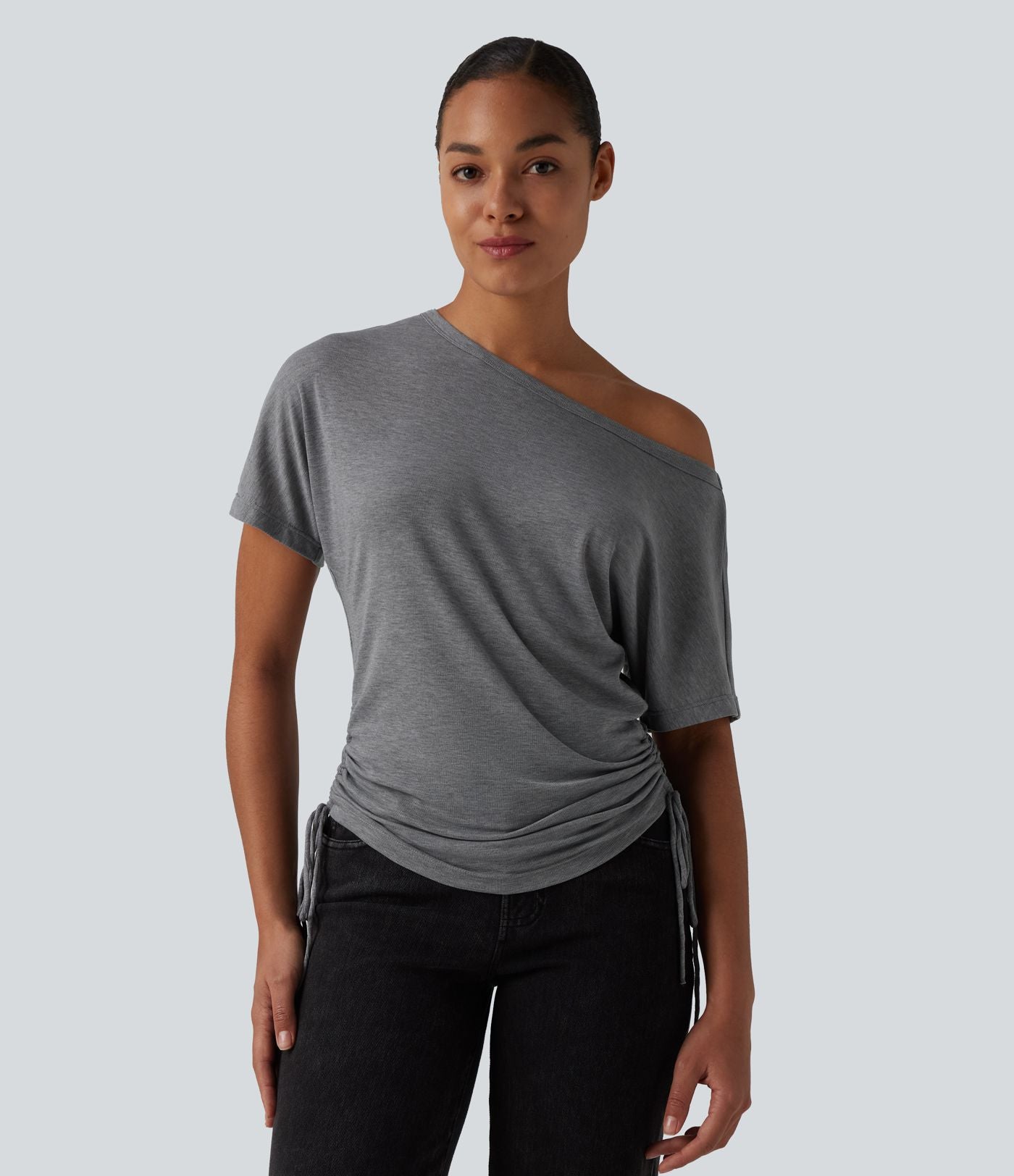 T-shirt décontracté asymétrique manches courtes avec cordon de serrage mélange laine