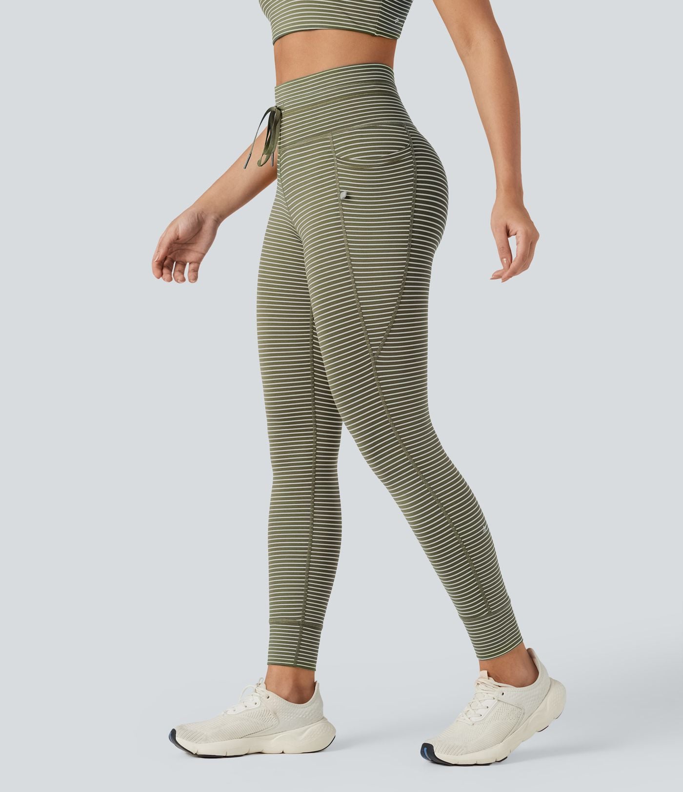 Legging de yoga rayé taille haute avec cordon de serrage et poches