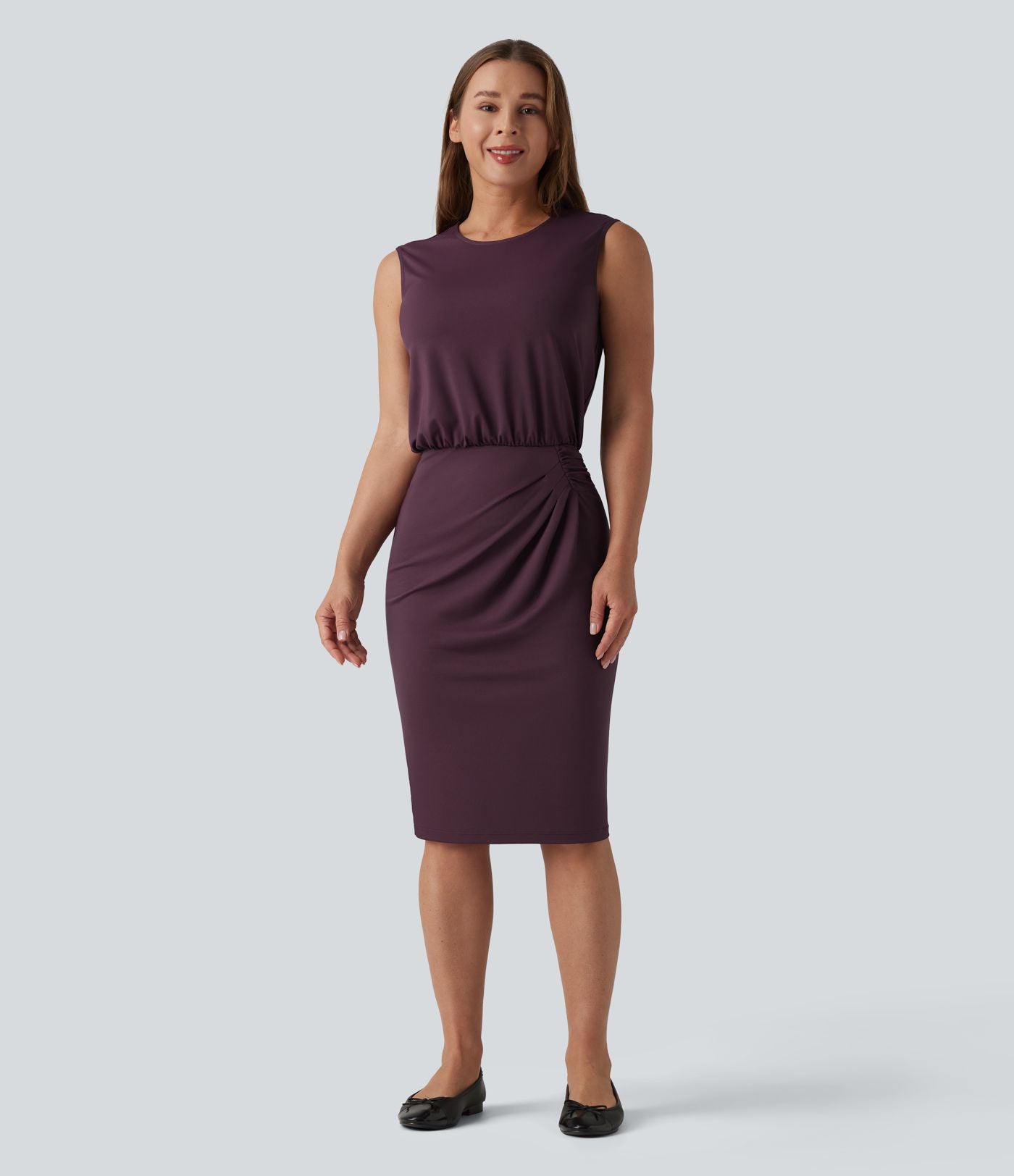 Robe midi tailleur col rond sans manches dos goutte d'eau