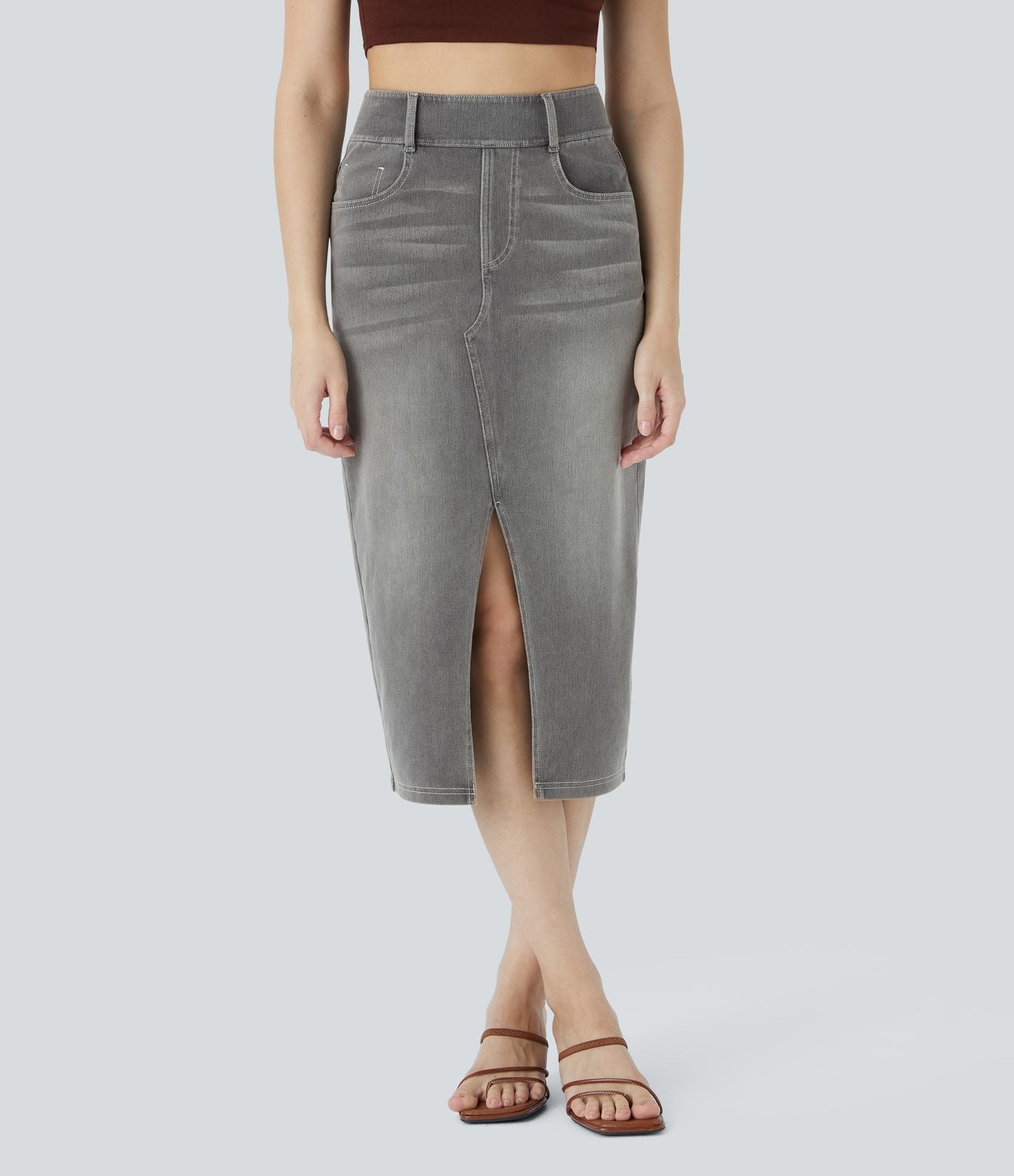 Halara Flex™ Jupe en Jean Casual Mi-Longue Délavé Extensible Plusieurs Poches Taille Haute
