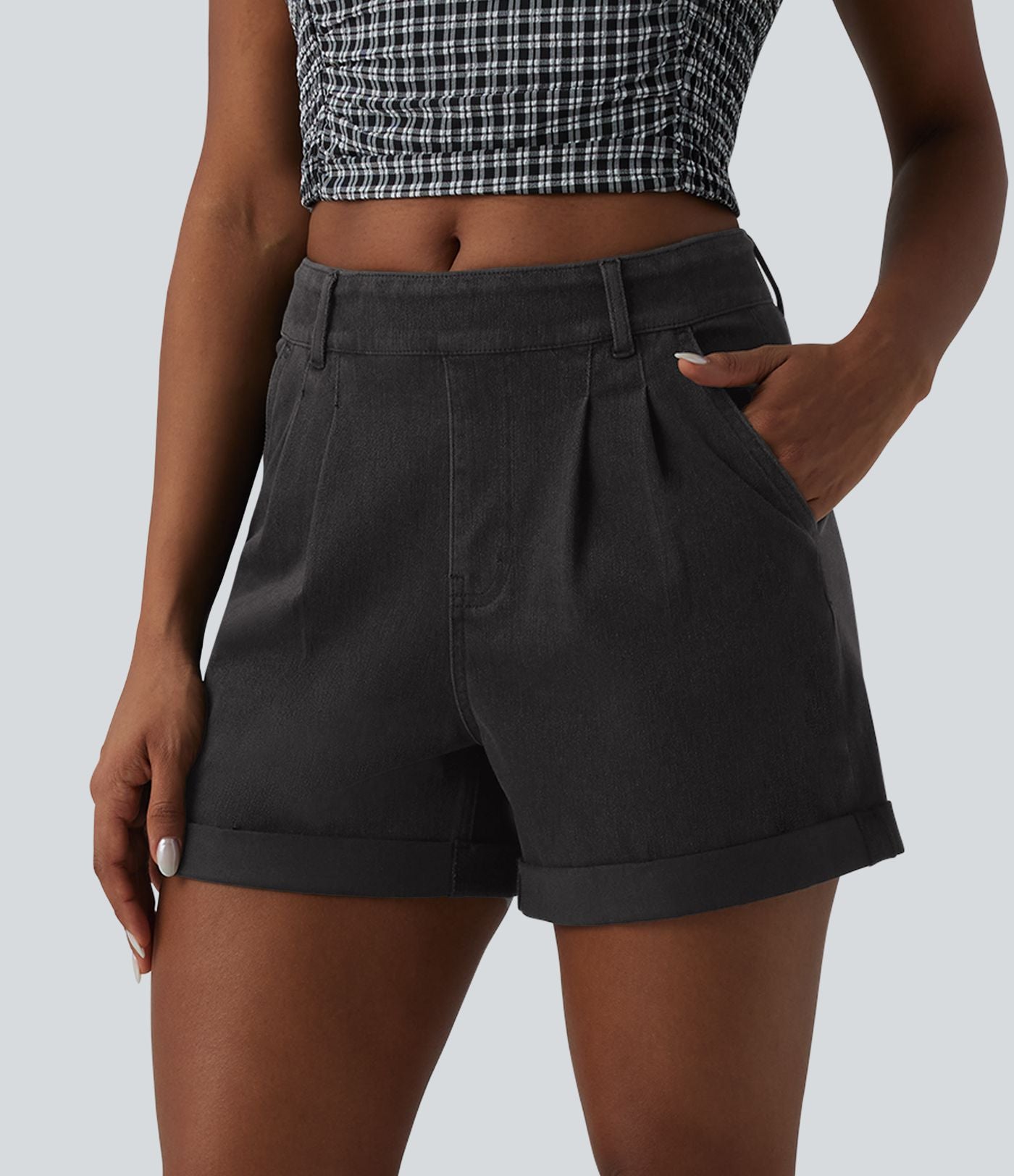 Halara Flex™ Short casual en denim taille mi-haute à ourlet retroussé avec poches