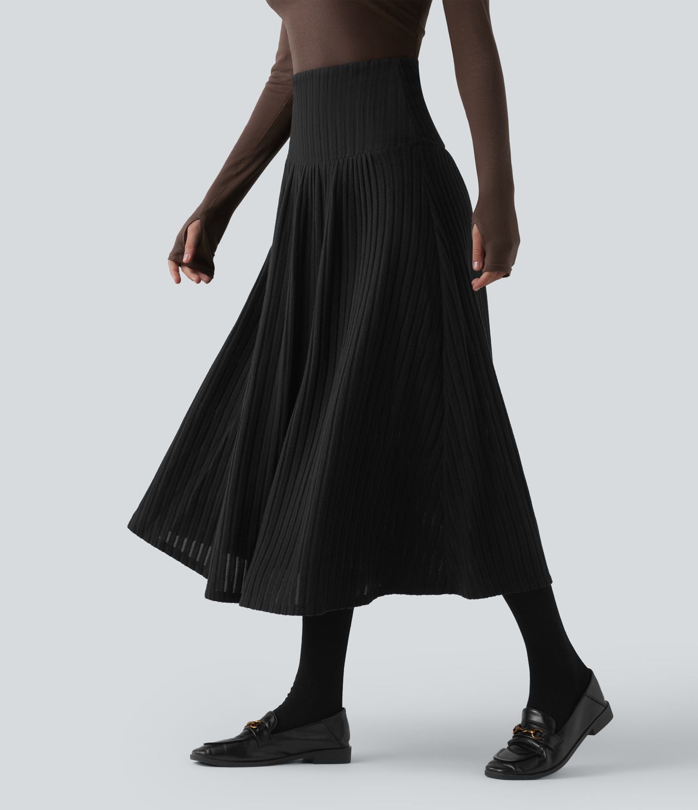 Jupe tailleur midi trapèze taille haute en maille côtelée