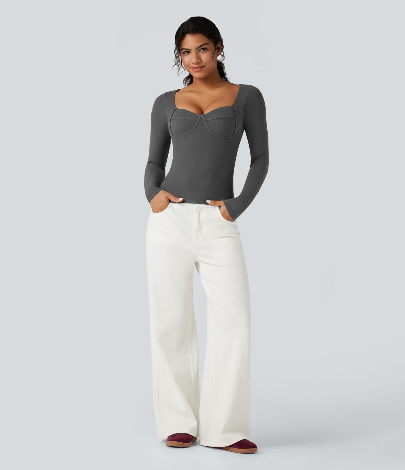 Top casual chaud push-up à col cœur et manches longues - Bonnet A/B