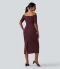 Robe midi moulante épaules dénudées manches courtes
