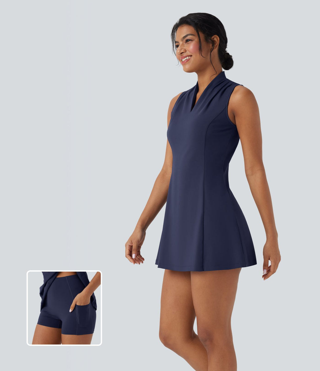 Robe de golf active courte SoftlyZero™ Plush col V sans manches 2 pièces avec poches