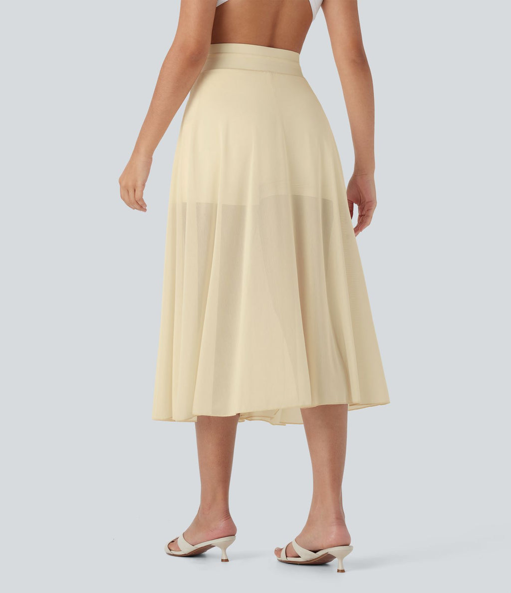 Jupe Casual Évasée Mesh Mi-Longue Fuide 2 en 1 Contrastée Taille Haute Cordon Poche Latérale