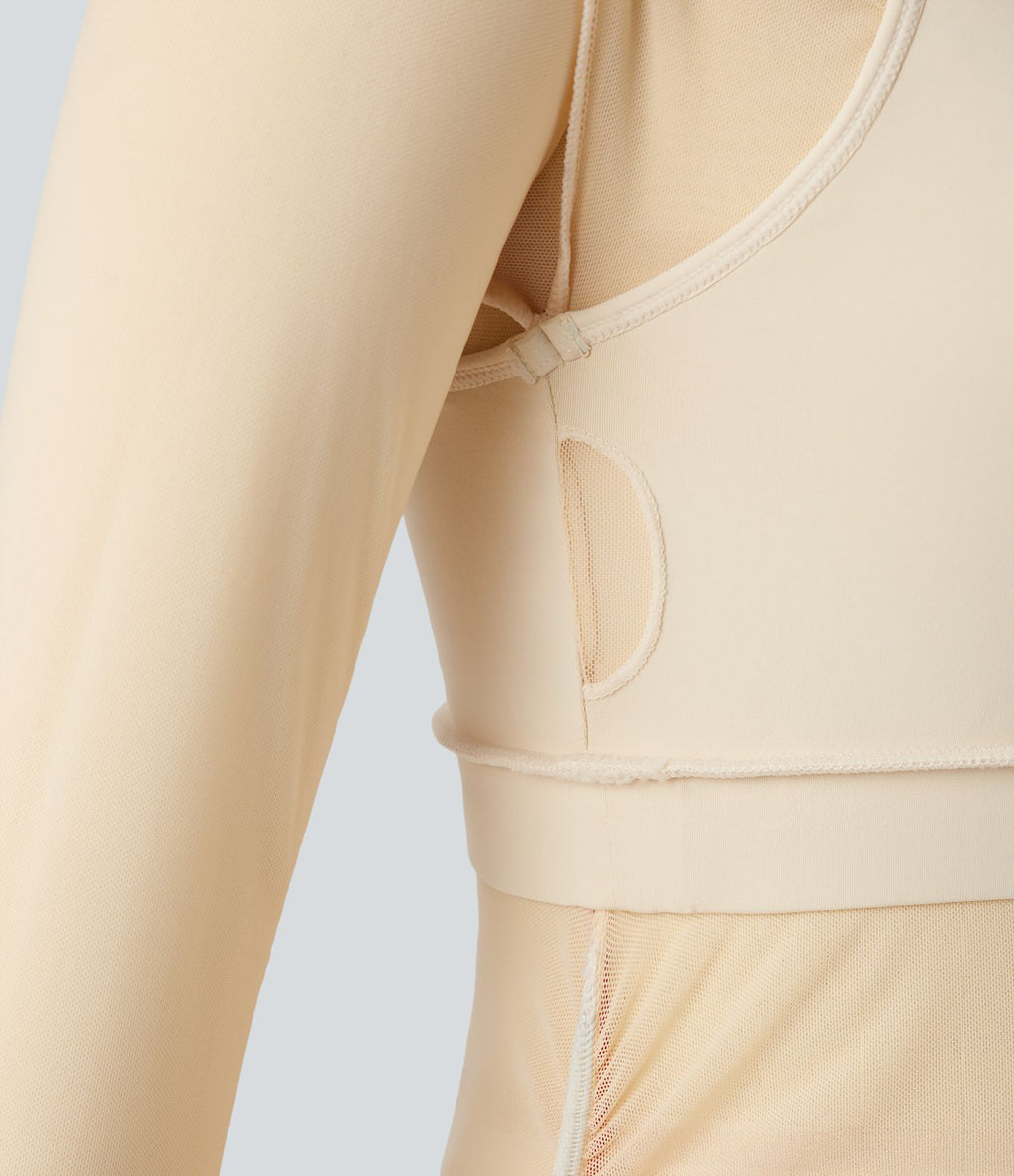 Top sport yoga 2-en-1 asymétrique une épaule manches longues mesh à fronces et trous pour les pouces