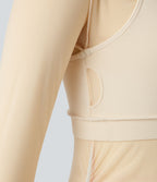 Top sport yoga 2-en-1 asymétrique une épaule manches longues mesh à fronces et trous pour les pouces