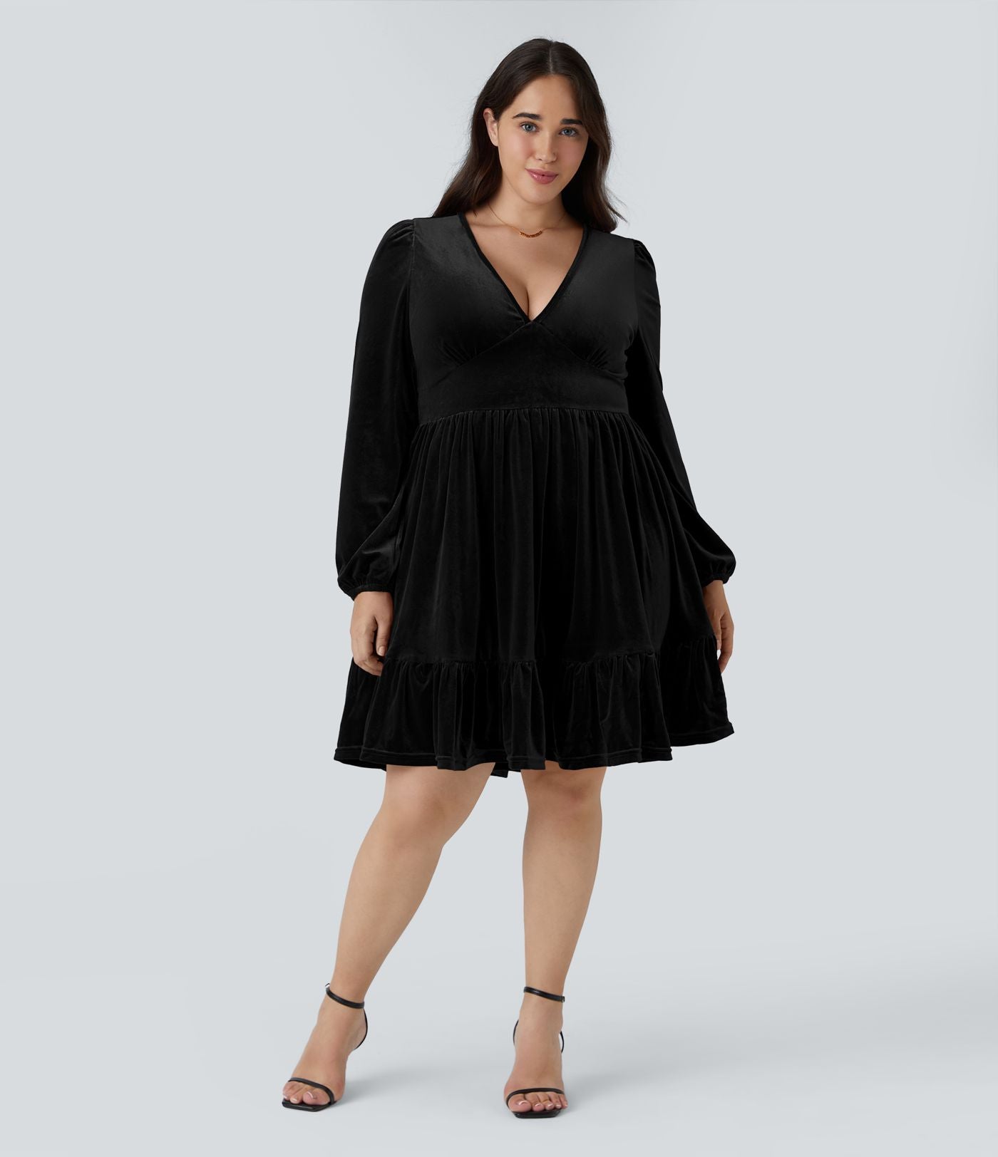 Quotidien de Robe Velours Mini Grande Taille avec Décolleté Profond en V et Ourlet à Volants