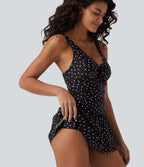 Maillot de bain une pièce 2-en-1 à pois col V push-up ventre plat avec nœud frontal
