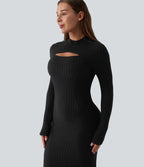 Robe mi-longue sirène côtelée col cheminée manches longues