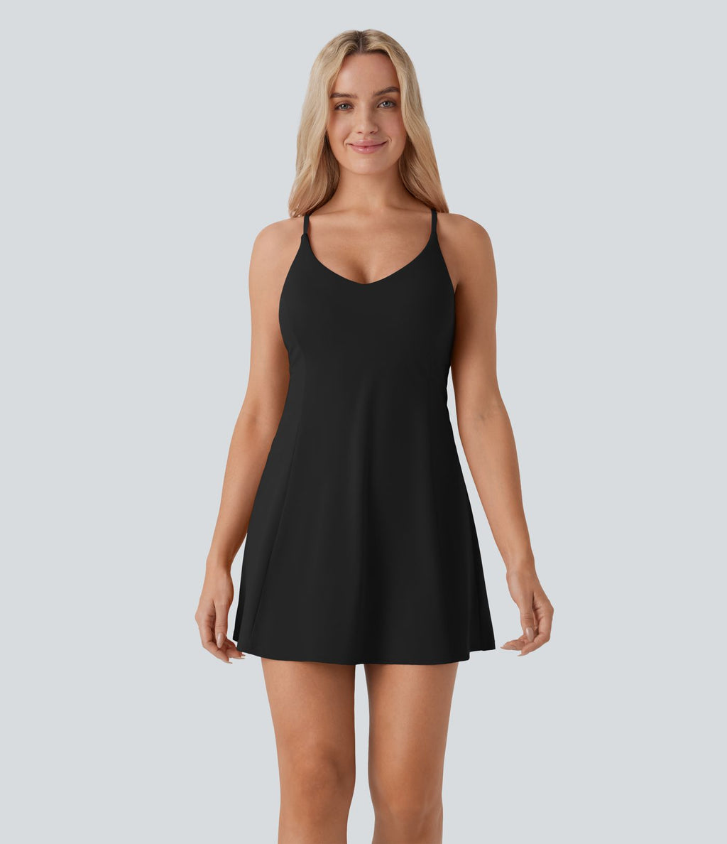 Softlyzero™ Airy Robe de danse courte évasée dos-nu 2-en-1 avec dos nageur, bretelles ajustables et poches latérales - Édition Easy Peasy