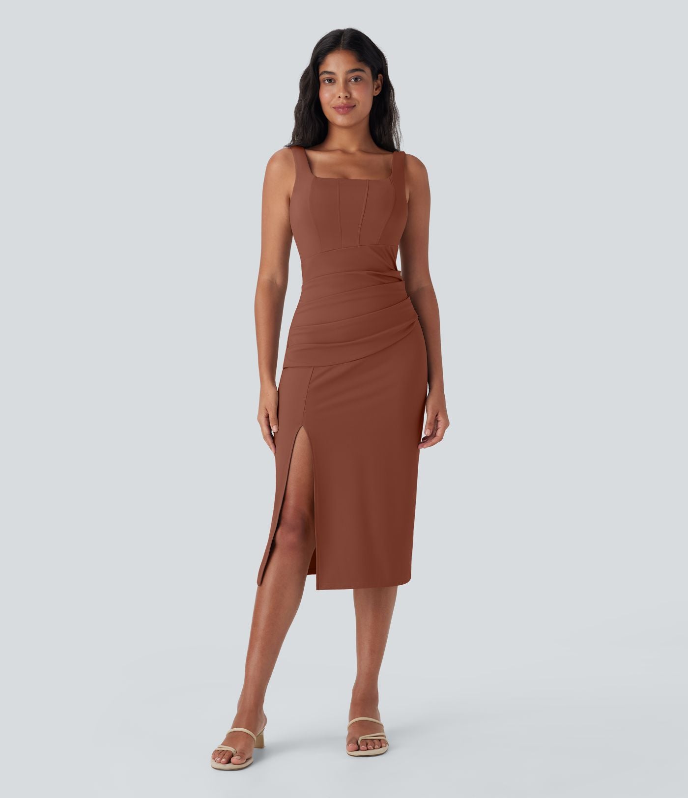 Robe moulante mi-longue SoftlyZero™ Airy col carré corset froncée effet frais InstantCool, bonnets E-G