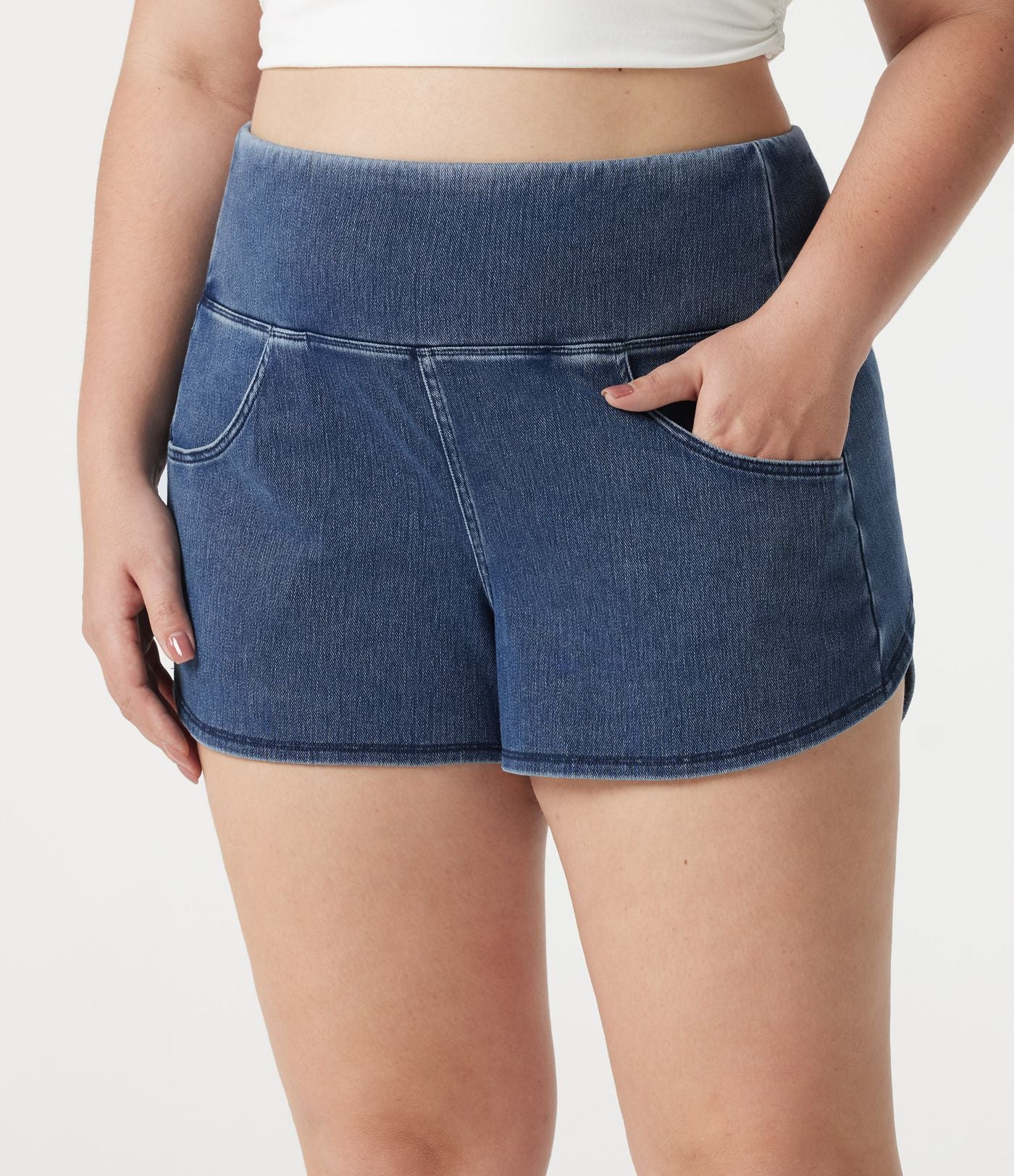 Short en jean Halara Flex™ skinny décontracté grande taille ventre plat, taille haute, ourlet arrondi, à poches