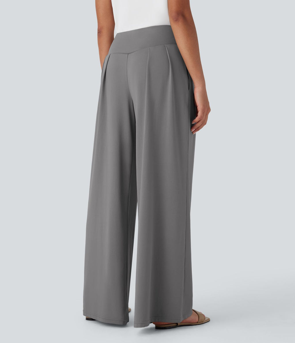Pantalon large fluide taille haute avec poches latérales