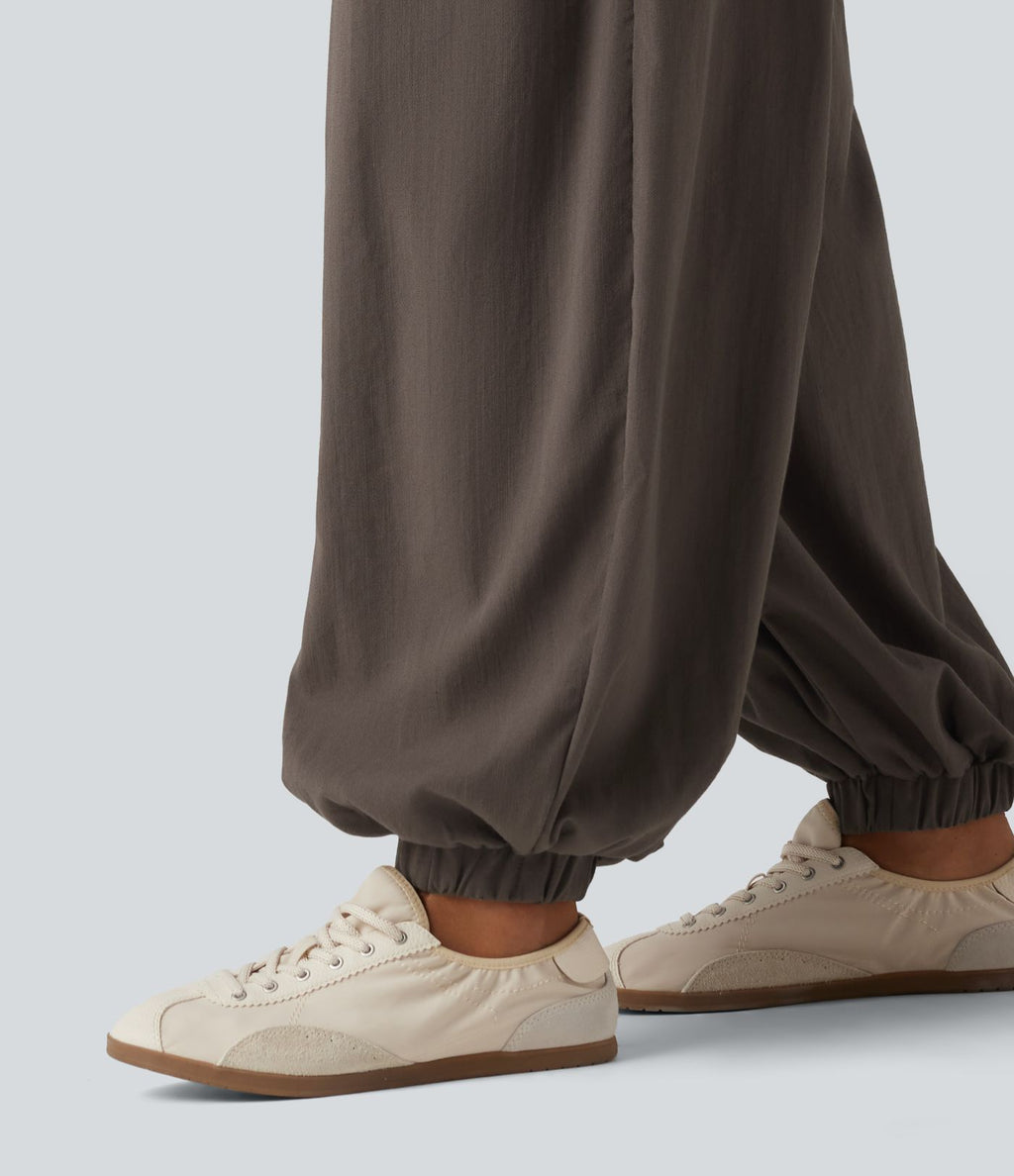 Jogging baggy taille haute effet lin froncé avec poches