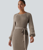 Robe pull midi casual col rond à manches longues, ceinturée