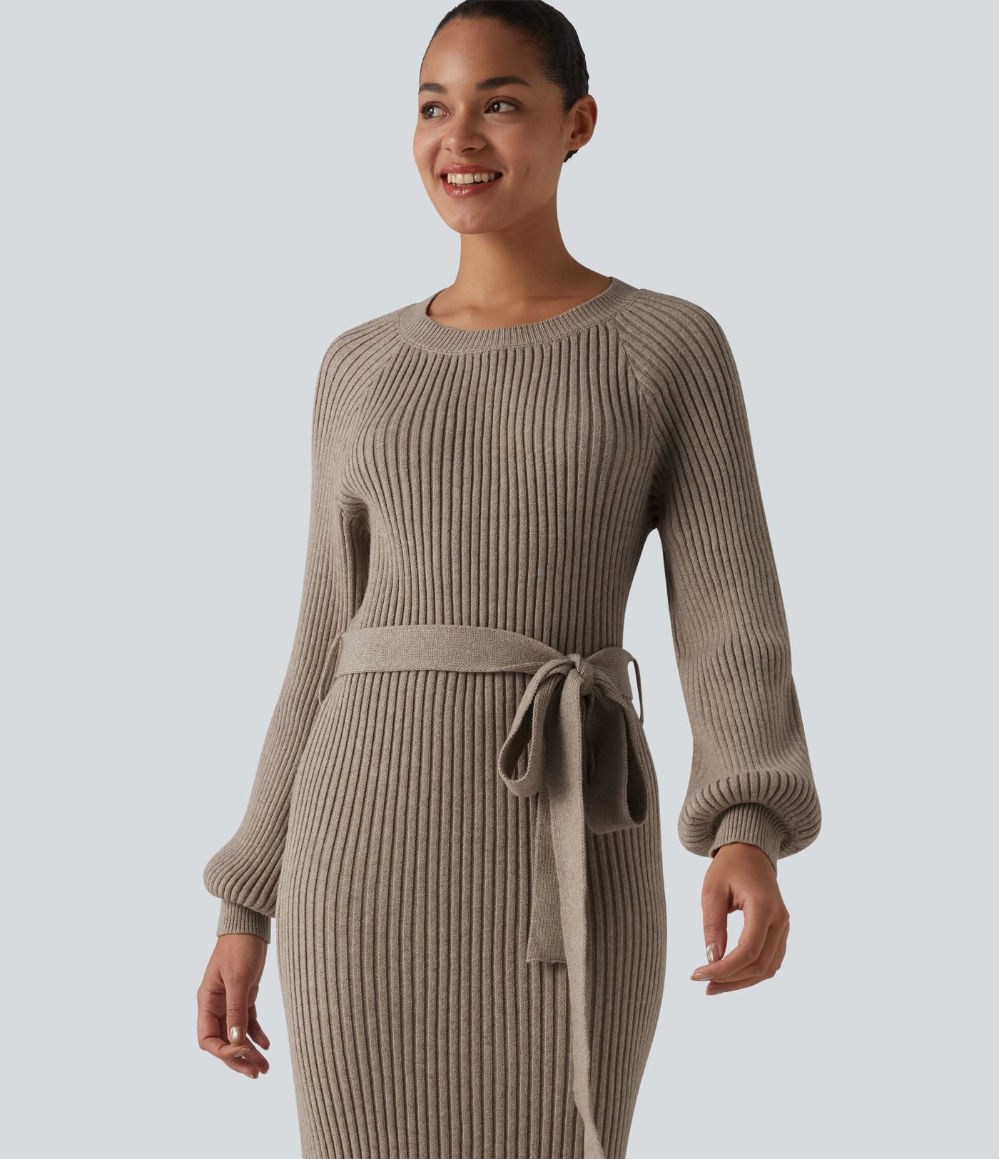 Robe pull midi casual col rond à manches longues, ceinturée