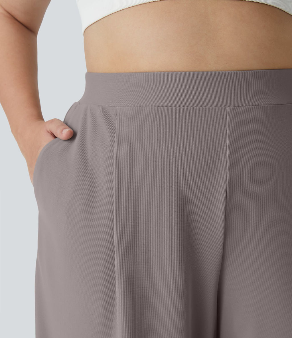 Pantalon de travail grande taille Halara Flex™ à taille haute sculptante et amincissante, poches latérales, jambes larges et tissu micro-gaufré