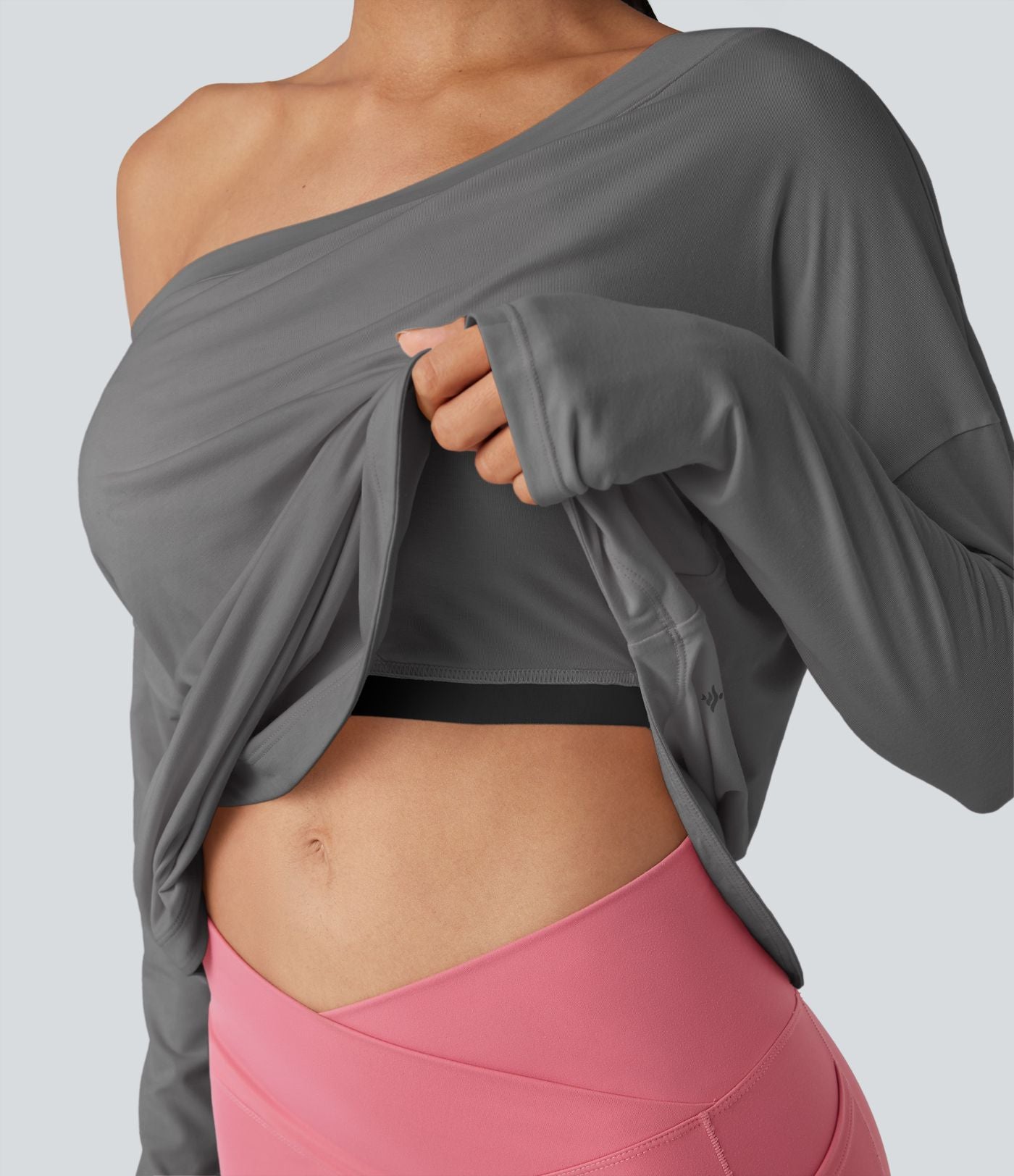 Top de sport yoga une épaule séchage rapide ourlet arrondi asymétrique manches longues avec trous pouces - Brassière intégrée