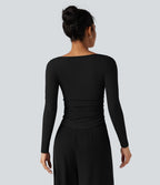 T-shirt tailleur côtelé col henley froncé ourlet arrondi manches longues