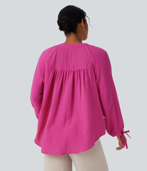 Chemise décontractée coton col V manches longues avec laçage et poche