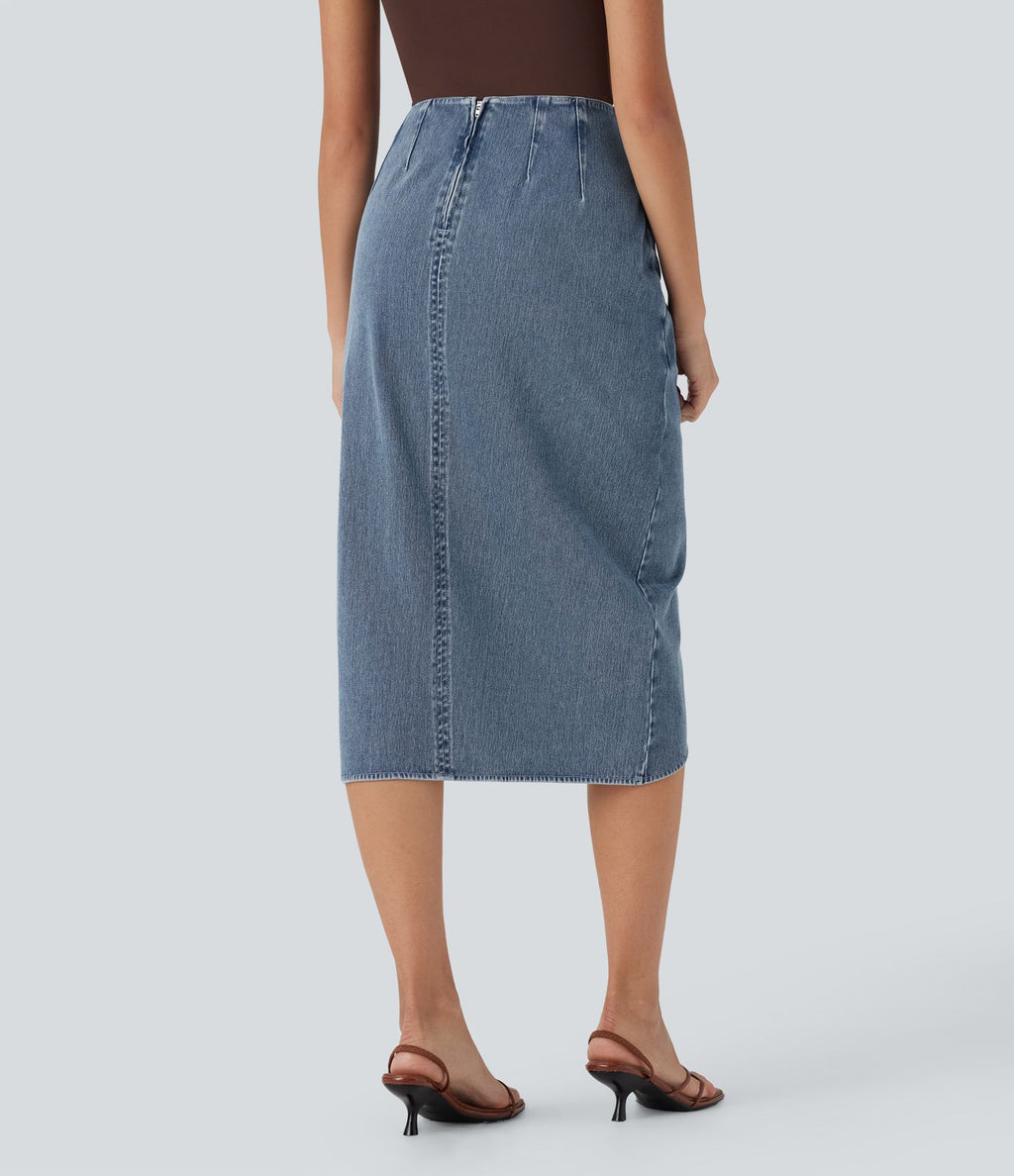 Halara Flex™ Jupe en Jean midi délavé taille haute avec zip dos, effet drapé et ourlet tulipe