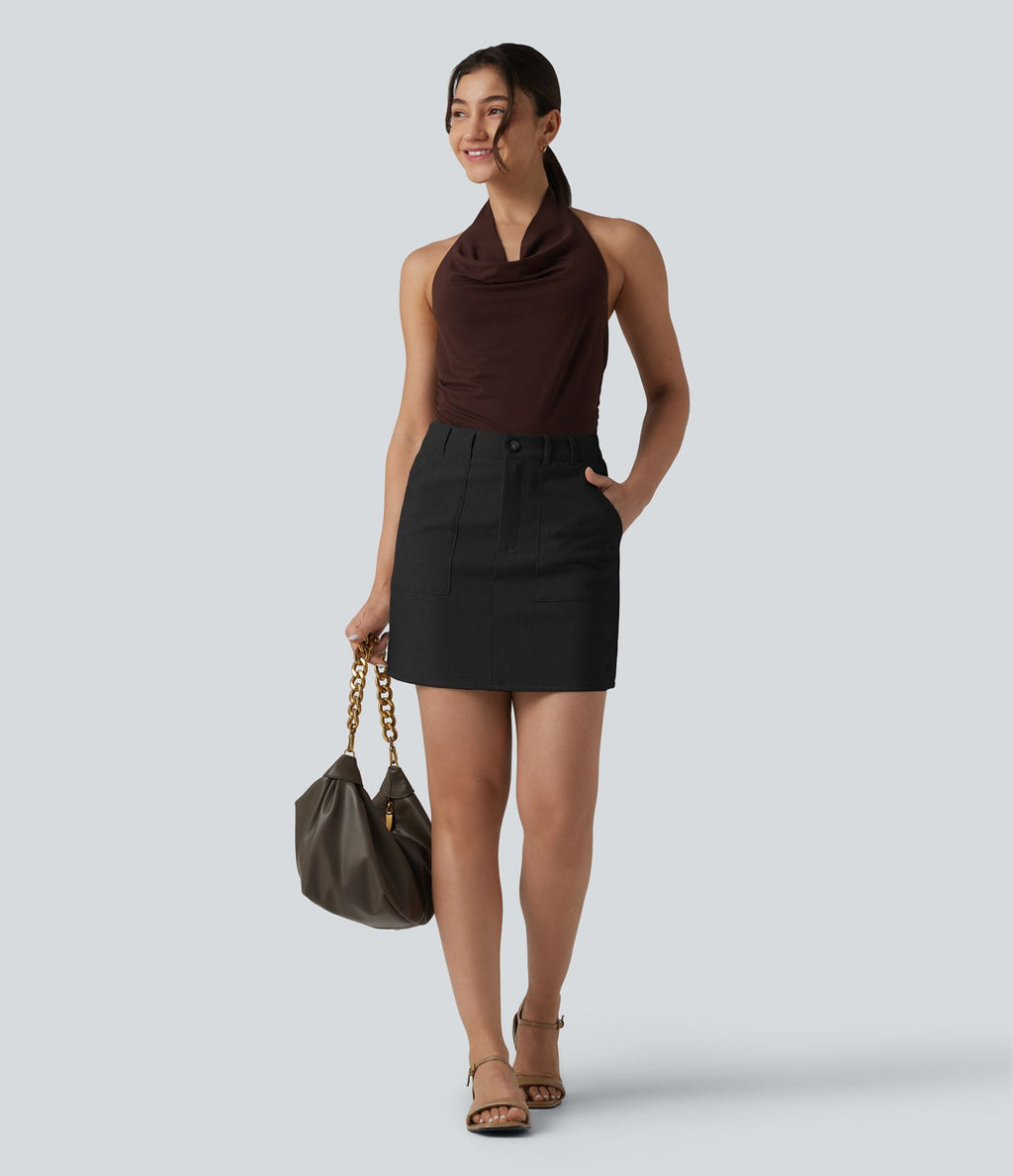 Jupe mini bureau taille haute en lin mélangé avec poches