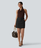 Jupe mini bureau taille haute en lin mélangé avec poches