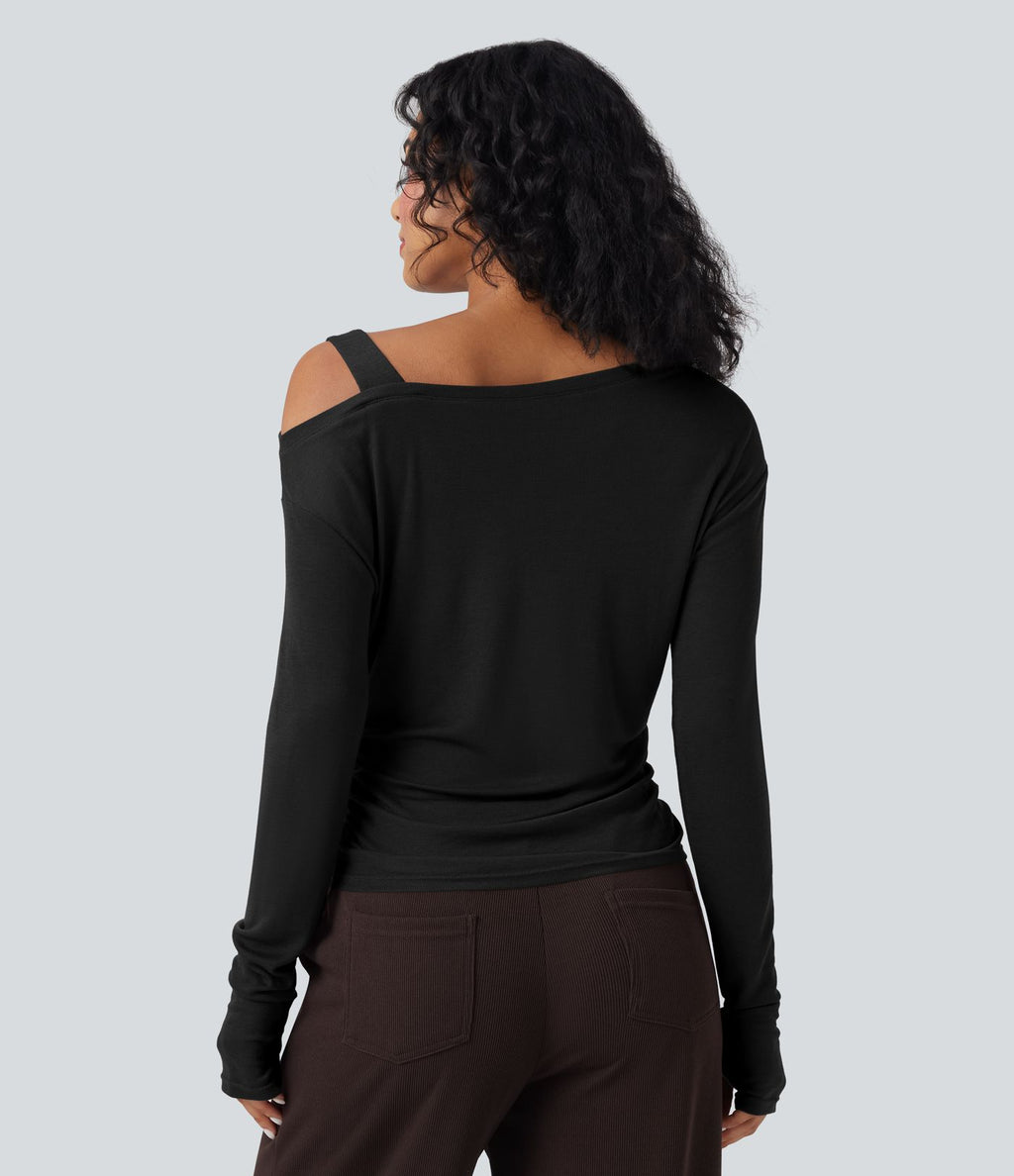 T-shirt décontracté asymétrique en mélange de laine à une épaule et manches longues