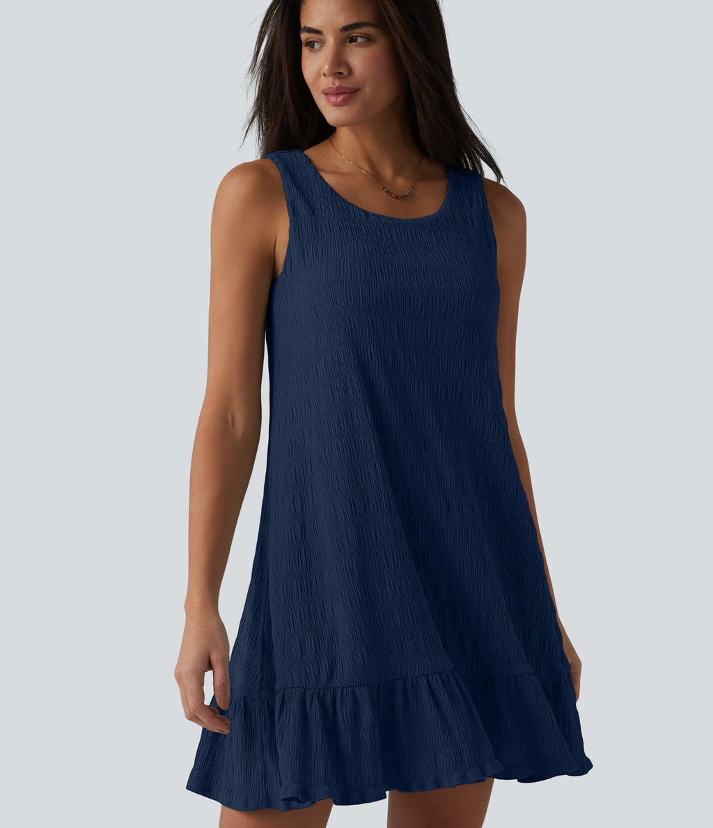 Robe courte décontractée sans manches à col rond, soutien-gorge intégré et ourlet à volants