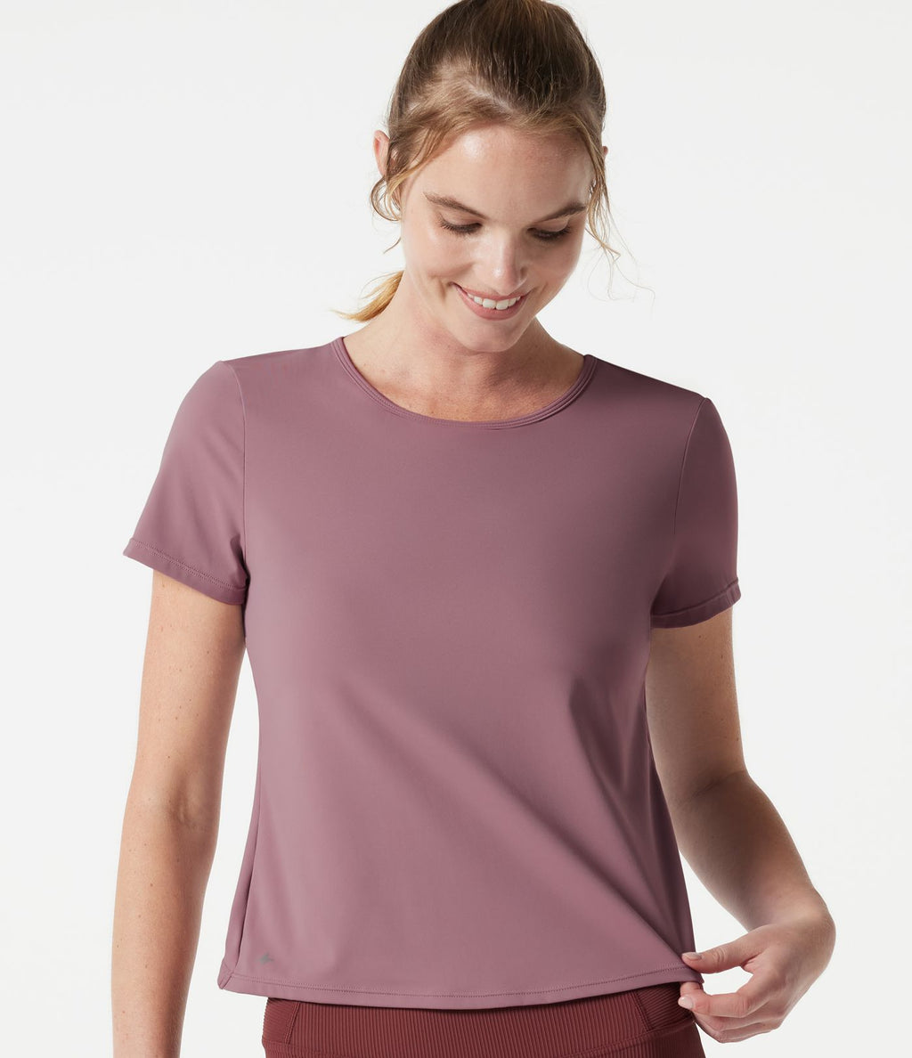 Haut de yoga col rond manches courtes avec brassière intégrée effet frais InstantCool séchage rapide, protection solaire UPF50+