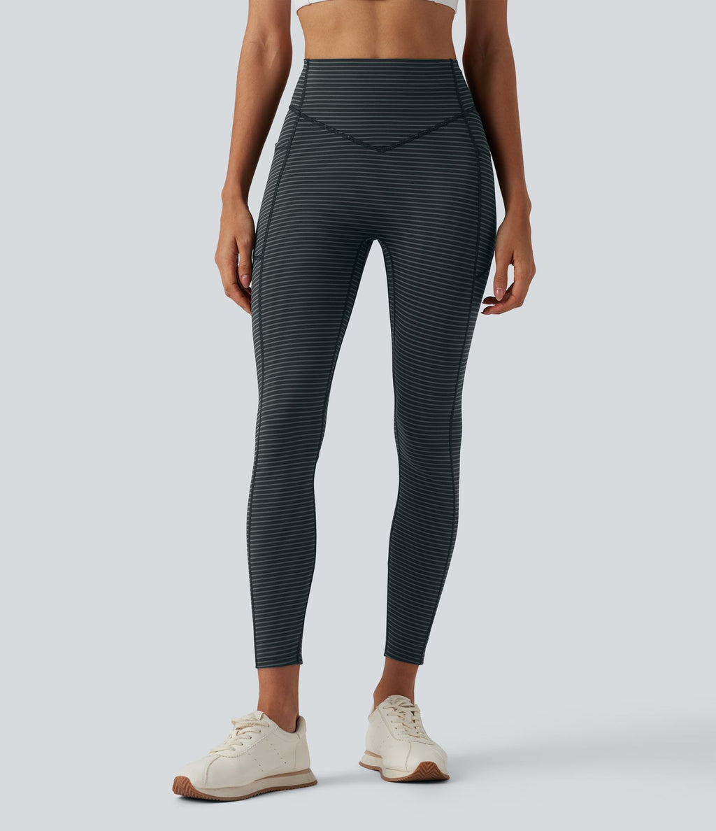 Legging de yoga 7/8 taille haute gainant à rayures et fronces avec poches