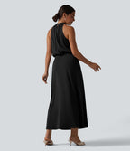 Robe midi col cheminée sans manches dos découpé extensible aspect satiné effet frais InstantCool