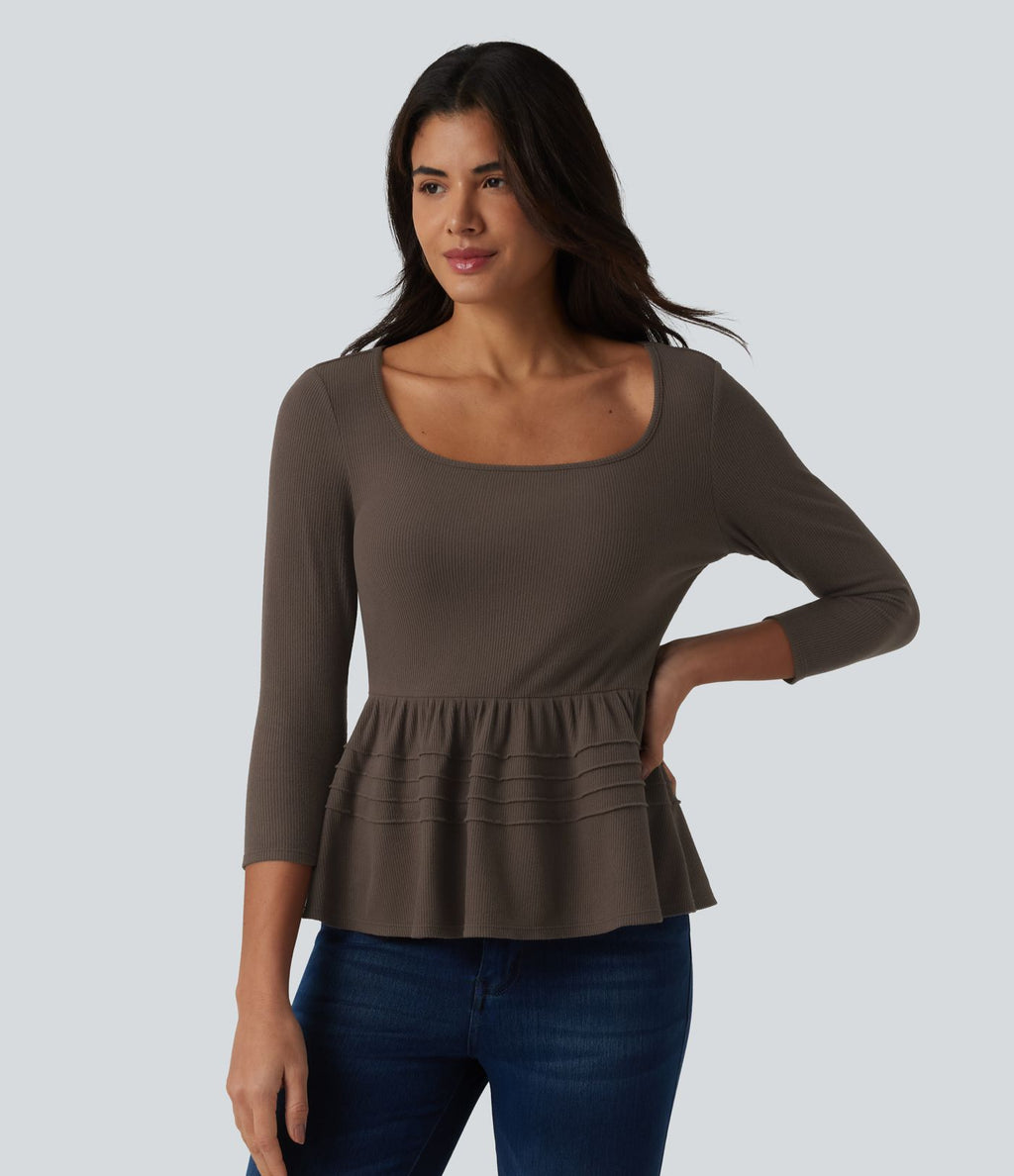 Haut babydoll décontracté en maille côtelée col en U manches 3/4