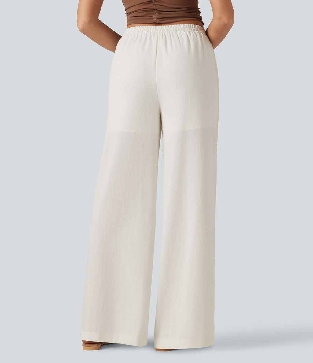 Pantalon large fluide casual 2 en 1 taille mi-haute avec cordon de serrage, dentelle contrastante, poches et aspect lin