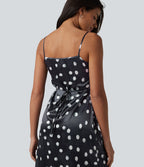 Robe mariage maxi en satin à pois froncée avec fermeture éclair invisible et lien noué dans le dos pour demoiselle d'honneur et invitée de mariage