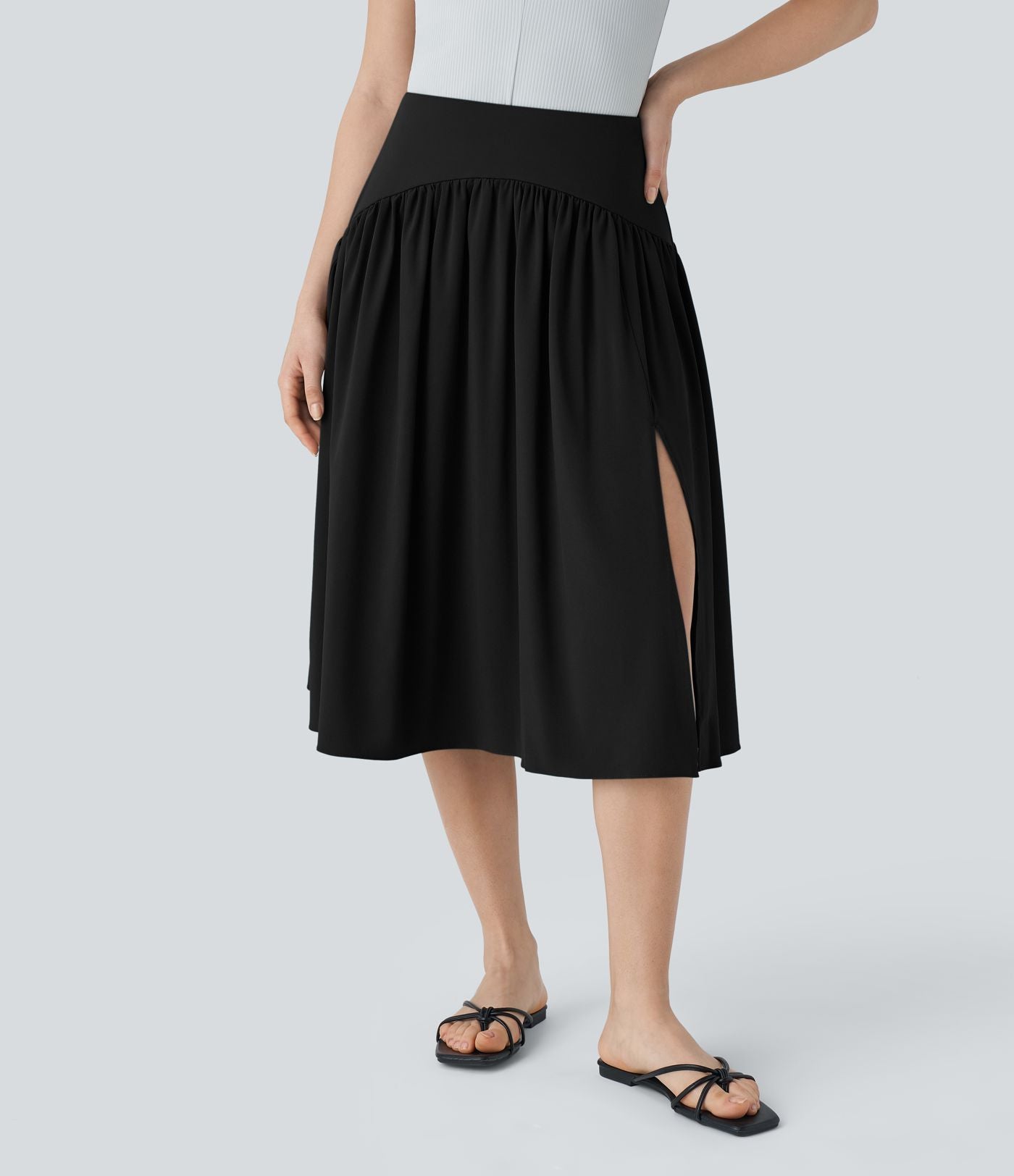Breezeful™ Jupe de Vacances Midi Fluide à Taille Haute Plissée Fendue et à Séchage Rapide