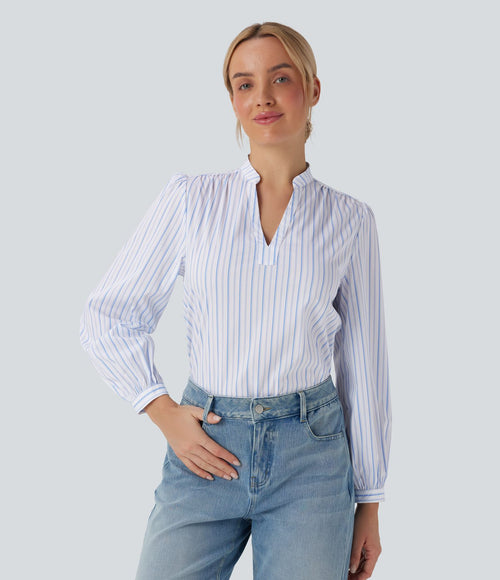 Blouse décontractée col V asymétrique imprimé rayé