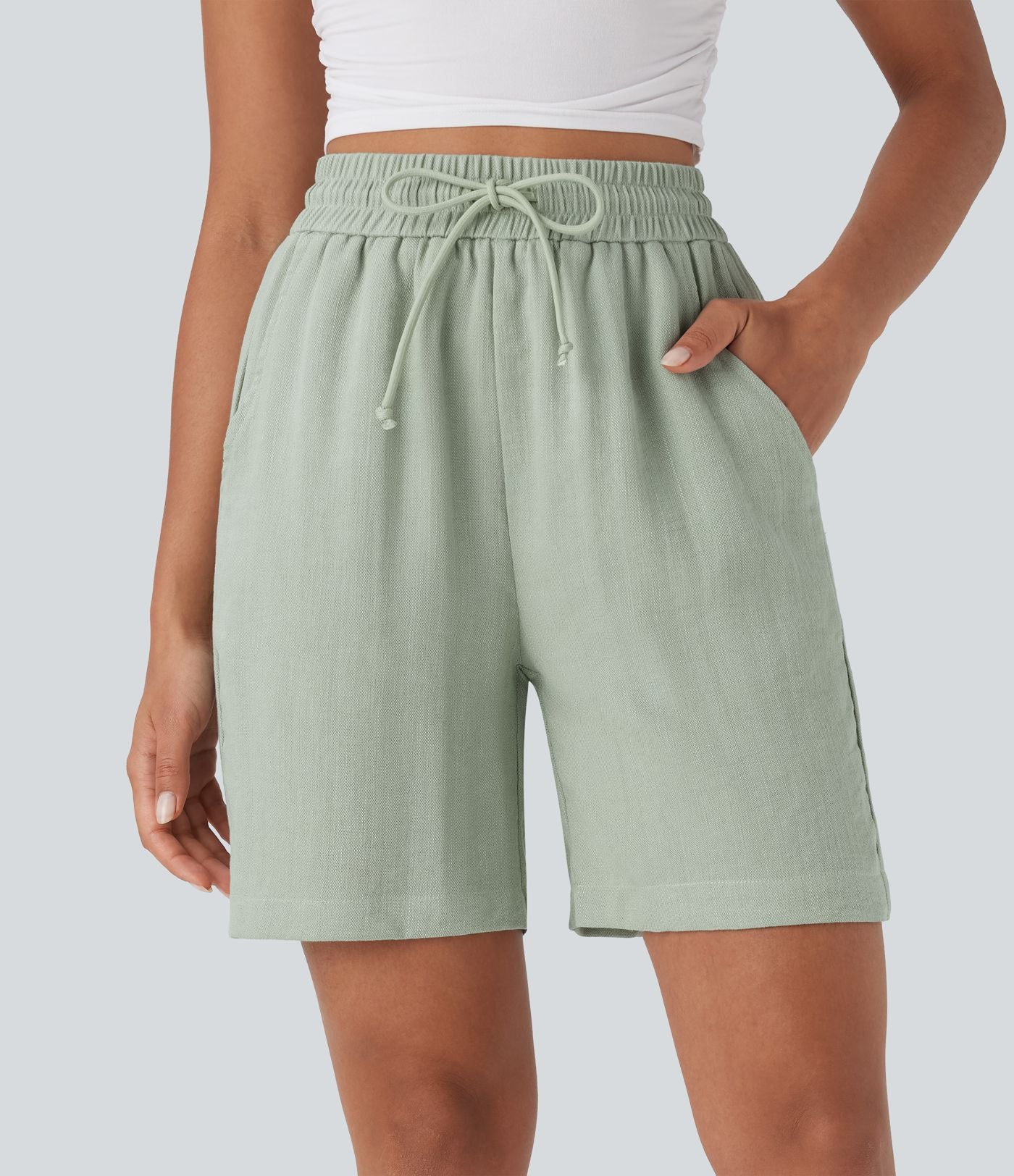 Short décontracté effet lin taille haute avec cordon de serrage et poches latérales