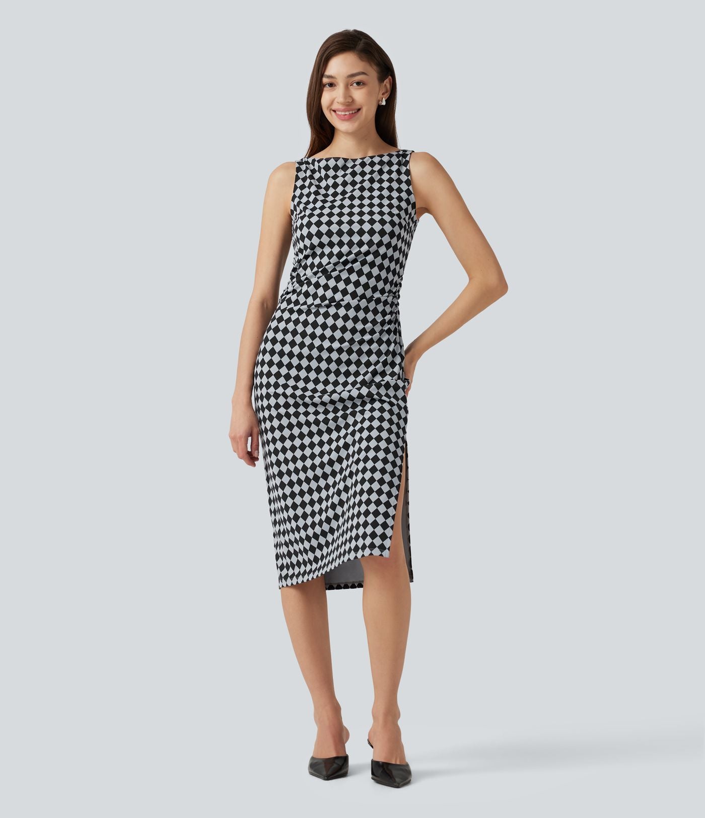 Robe midi moulante Halara UltraSculpt™ motif tartan, encolure bateau et sans manches