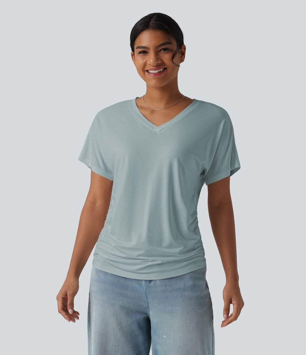 T-shirt décontracté uni à manches courtes, col V et fronces