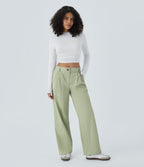 Pantalon décontracté droit taille moyenne à bouton, fermeture éclair et poches latérales