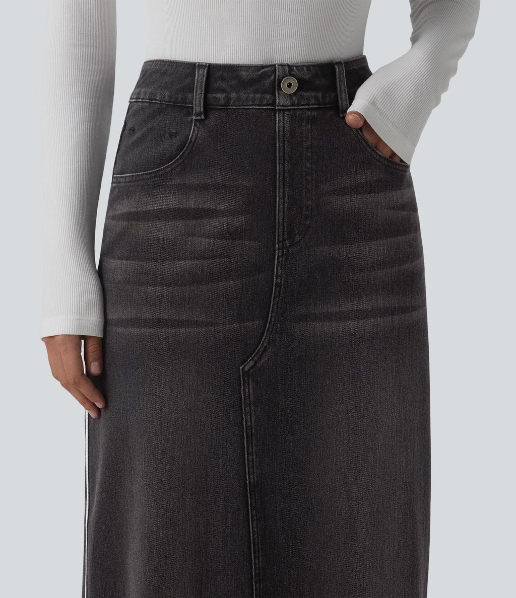 Jupe en jean longue décontractée délavée à rayures taille haute Halara Flex™ avec poches