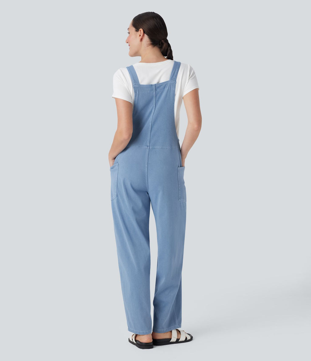 Salopette décontractée Halara Flex™ en denim extensible délavé, col V et poches latérales