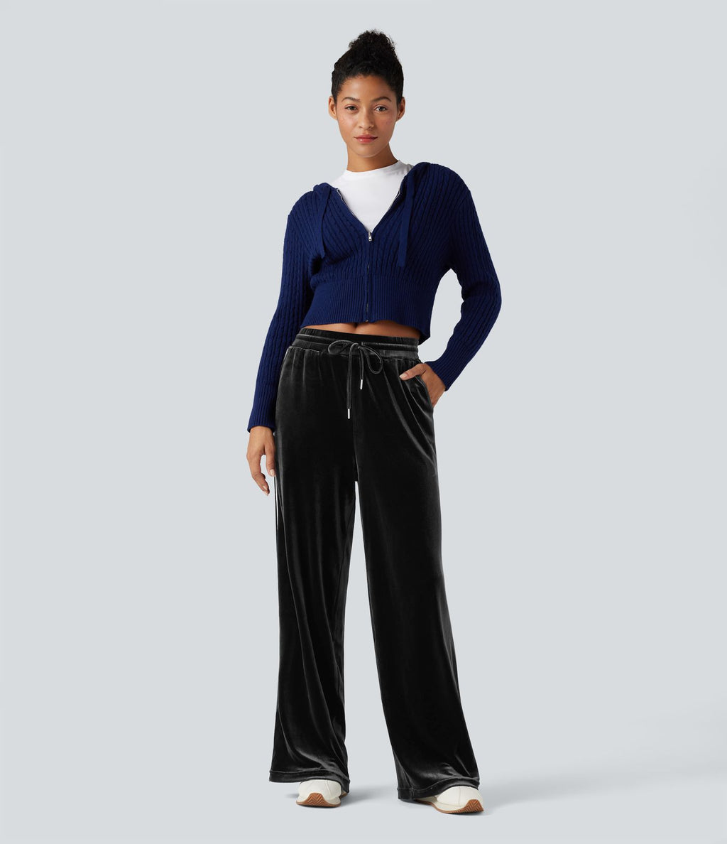 Pantalon décontracté droit en velours, taille mi-haute, avec cordon et poches