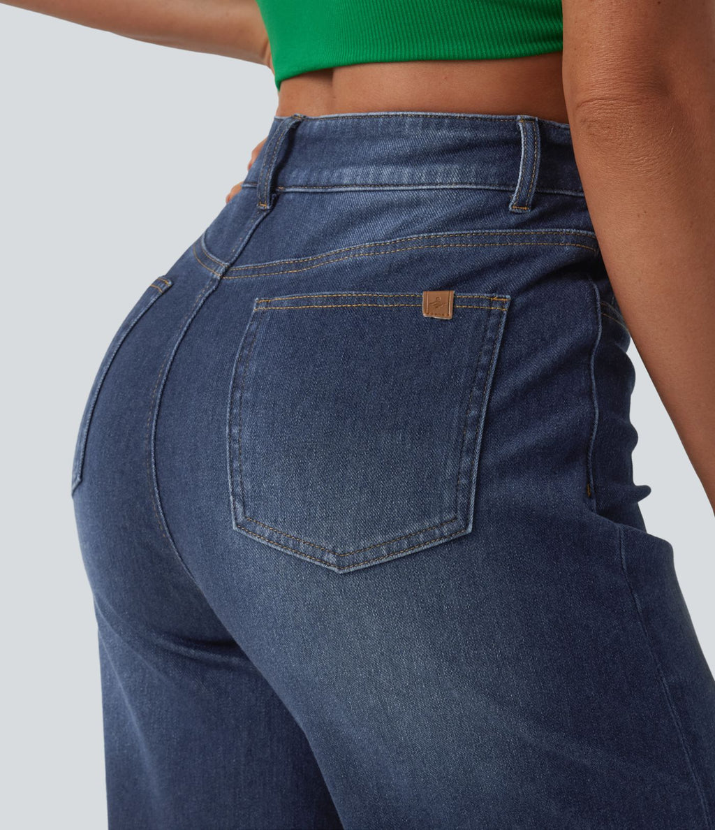 Jean large 7/8 décontracté Halara Flex™ délavé gainant taille haute ourlet roulotté avec poches